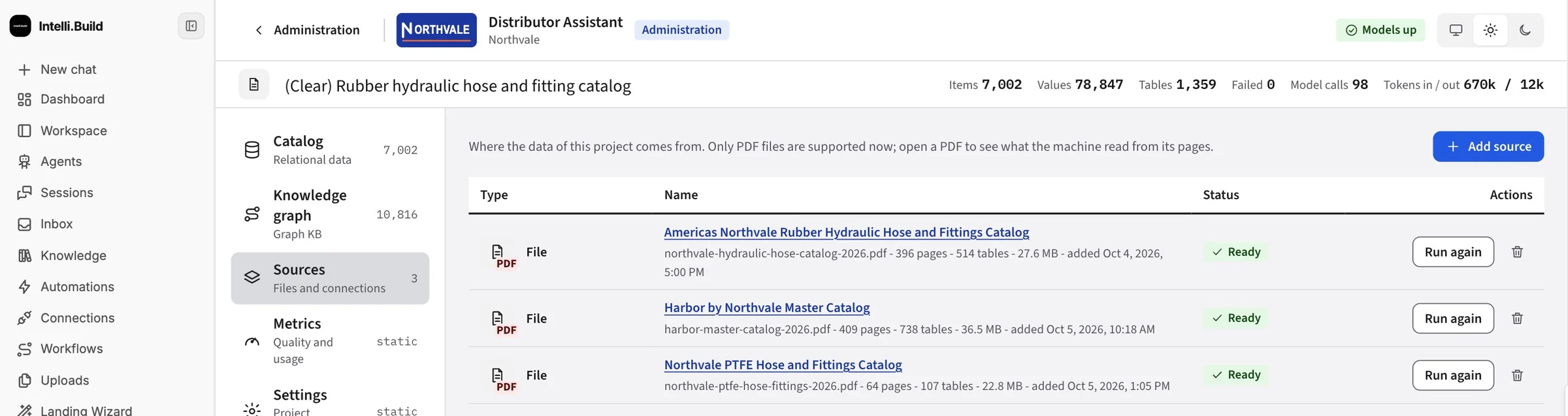 Three catalog PDFs processed and ready, with page and table counts