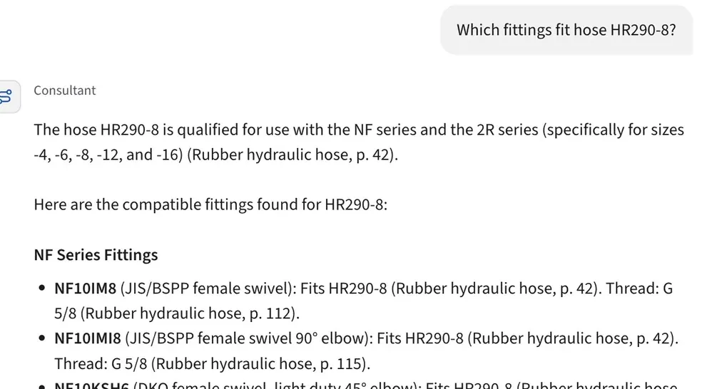 The assistant answering a parts question with catalog page citations