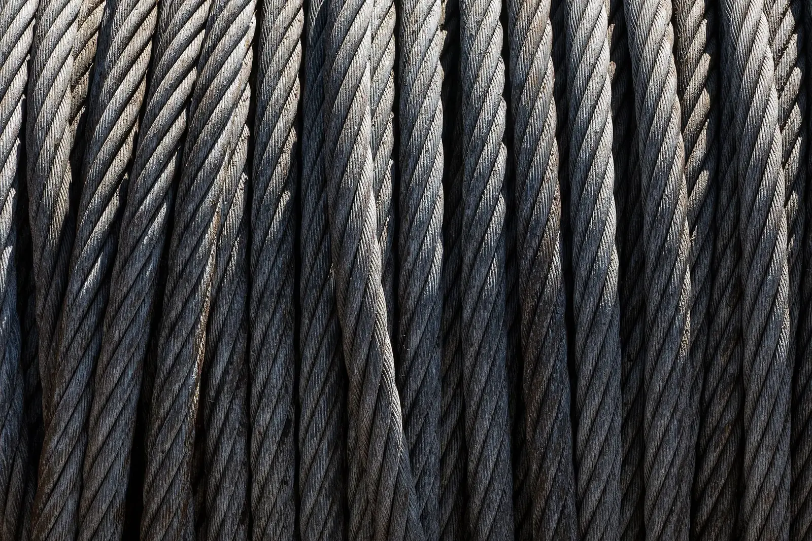 Steel wire rope wound tightly on a winch drum