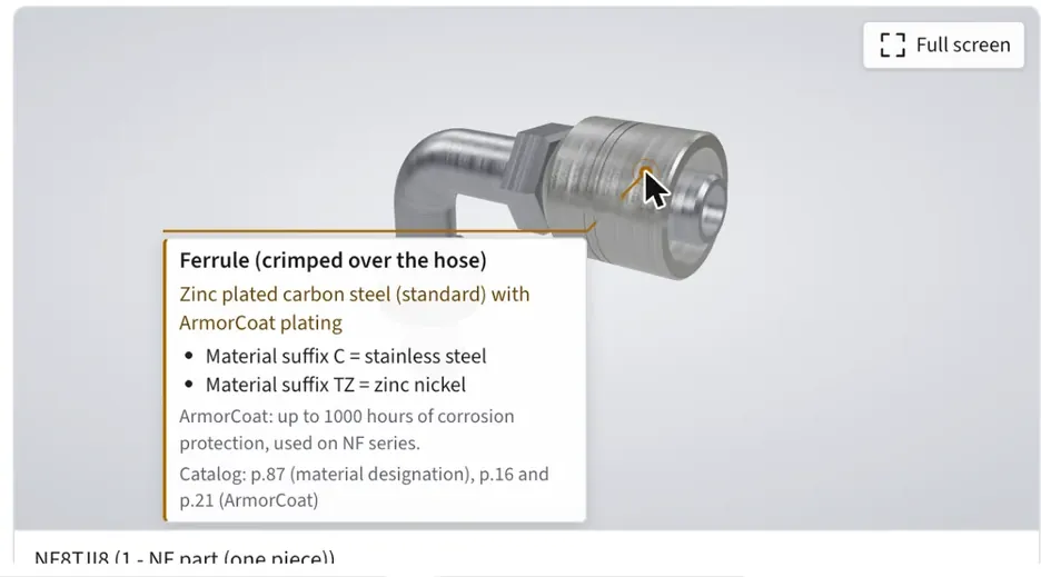 3D fitting with a callout listing its material, plating and catalog pages