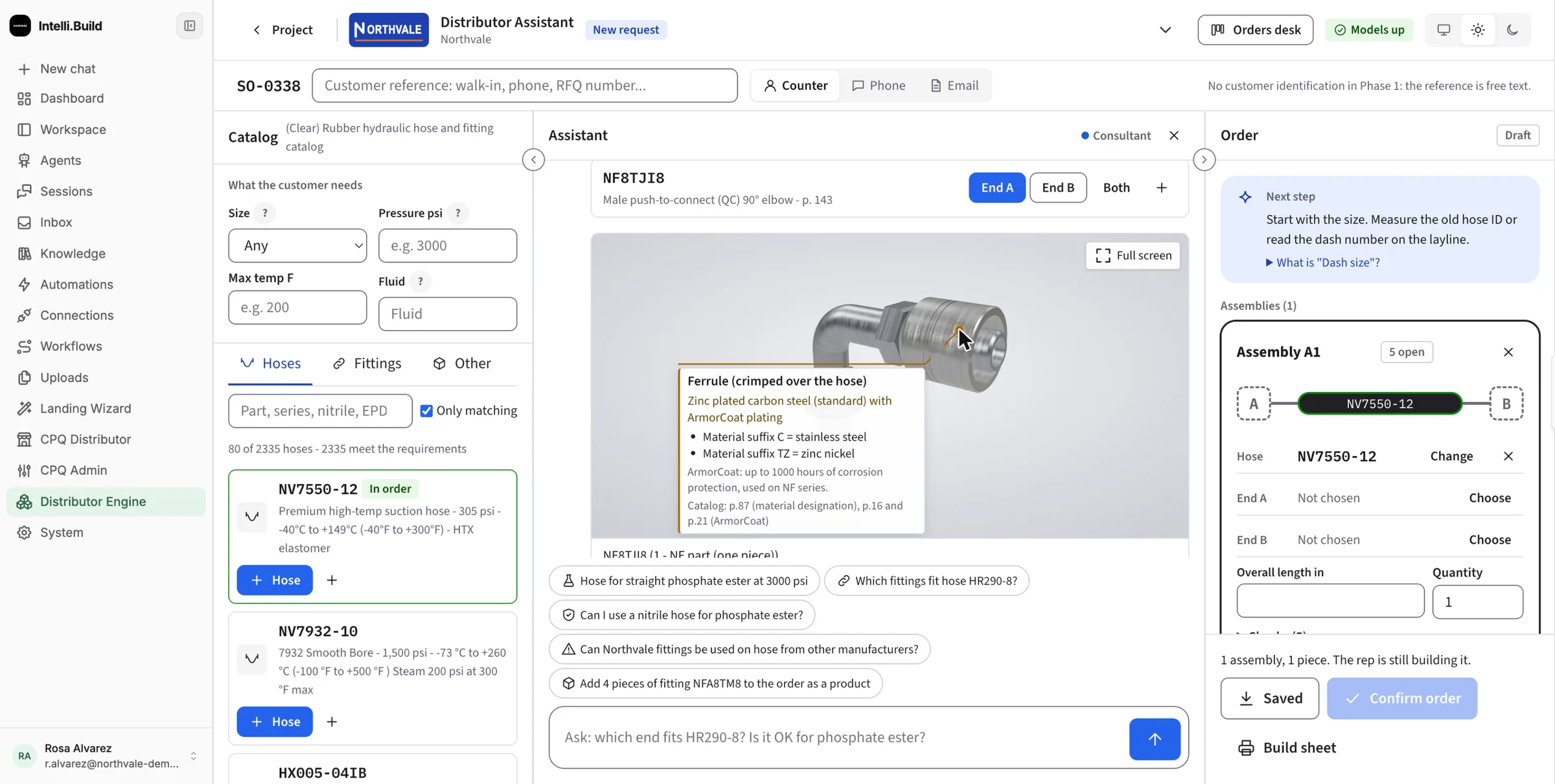 The assistant showing a 3D model of a fitting; hovering the ferrule opens a callout with its material, plating options and catalog page references