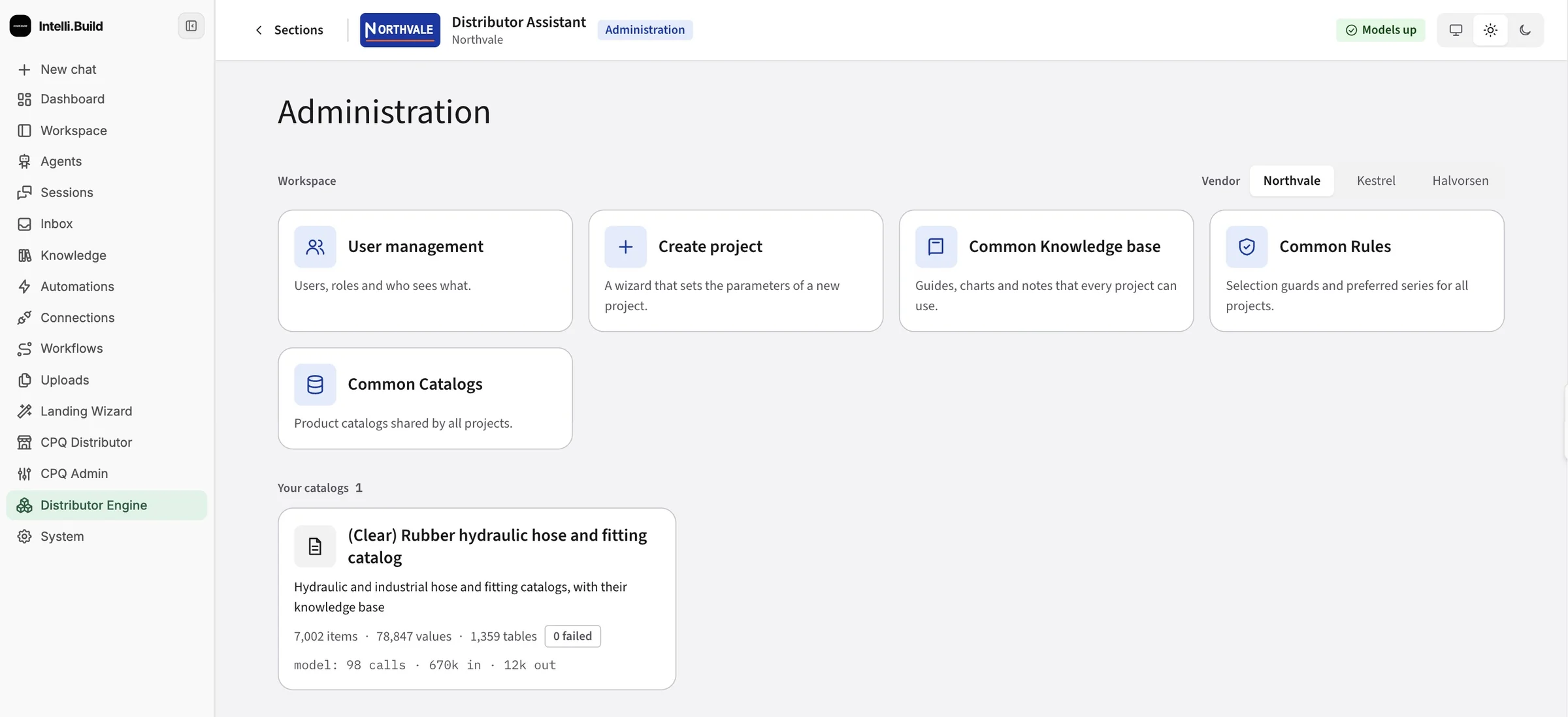 A configured workspace with users, shared rules, a common knowledge base and a processed catalog for each vendor